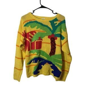 Toffs Hand Knit Multicolored Palm Tree Beach Pullover Vintage EUC US M